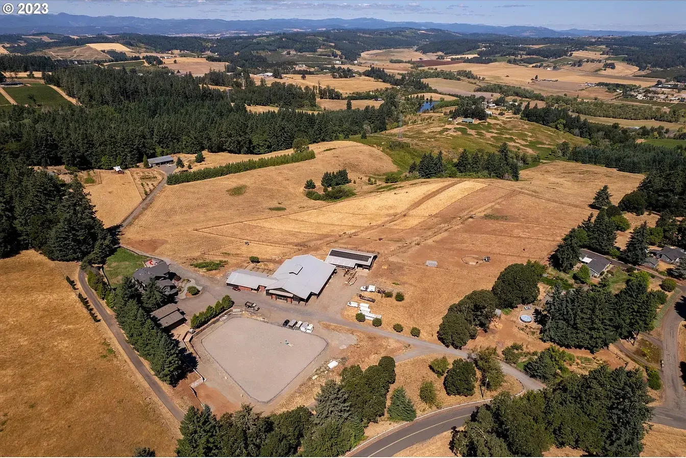 Aerial view of the farm in the rolling Oregon hills