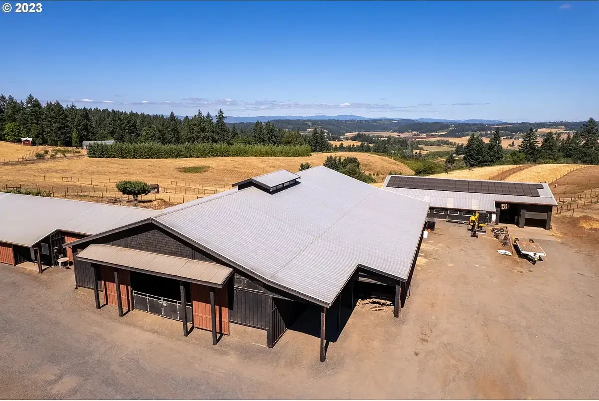 The barn complex and pasture at Bay Light Farm from above