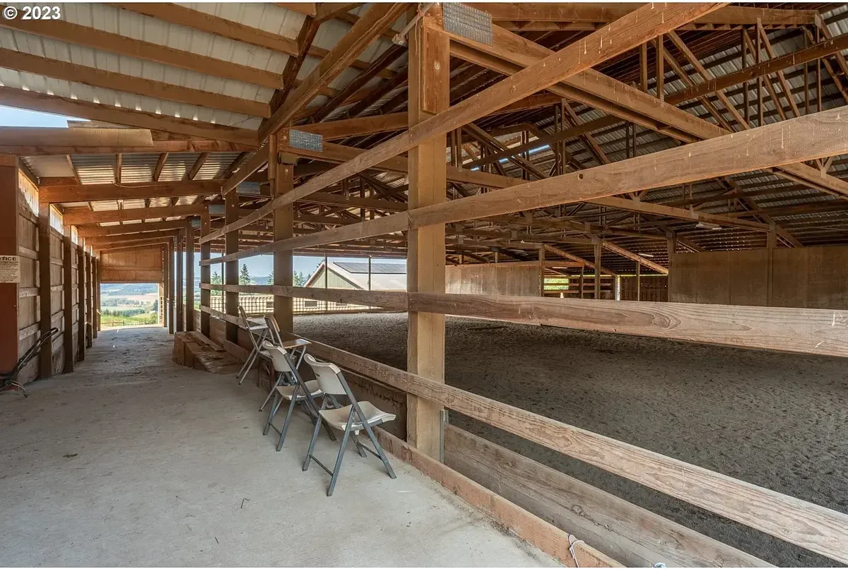 Indoor arena seen from the rail