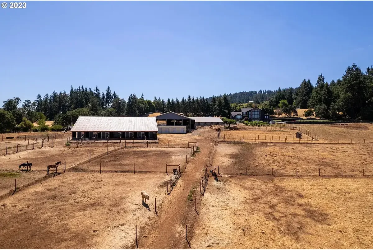 Pastures with horses and the barn in the distance