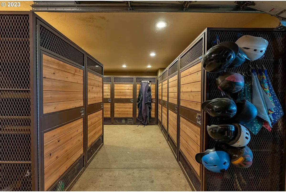 Tack room with lockers and helmets